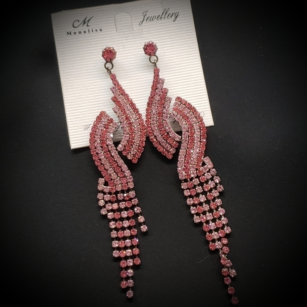 Long Pink Rhinestone Chandelier Earrings